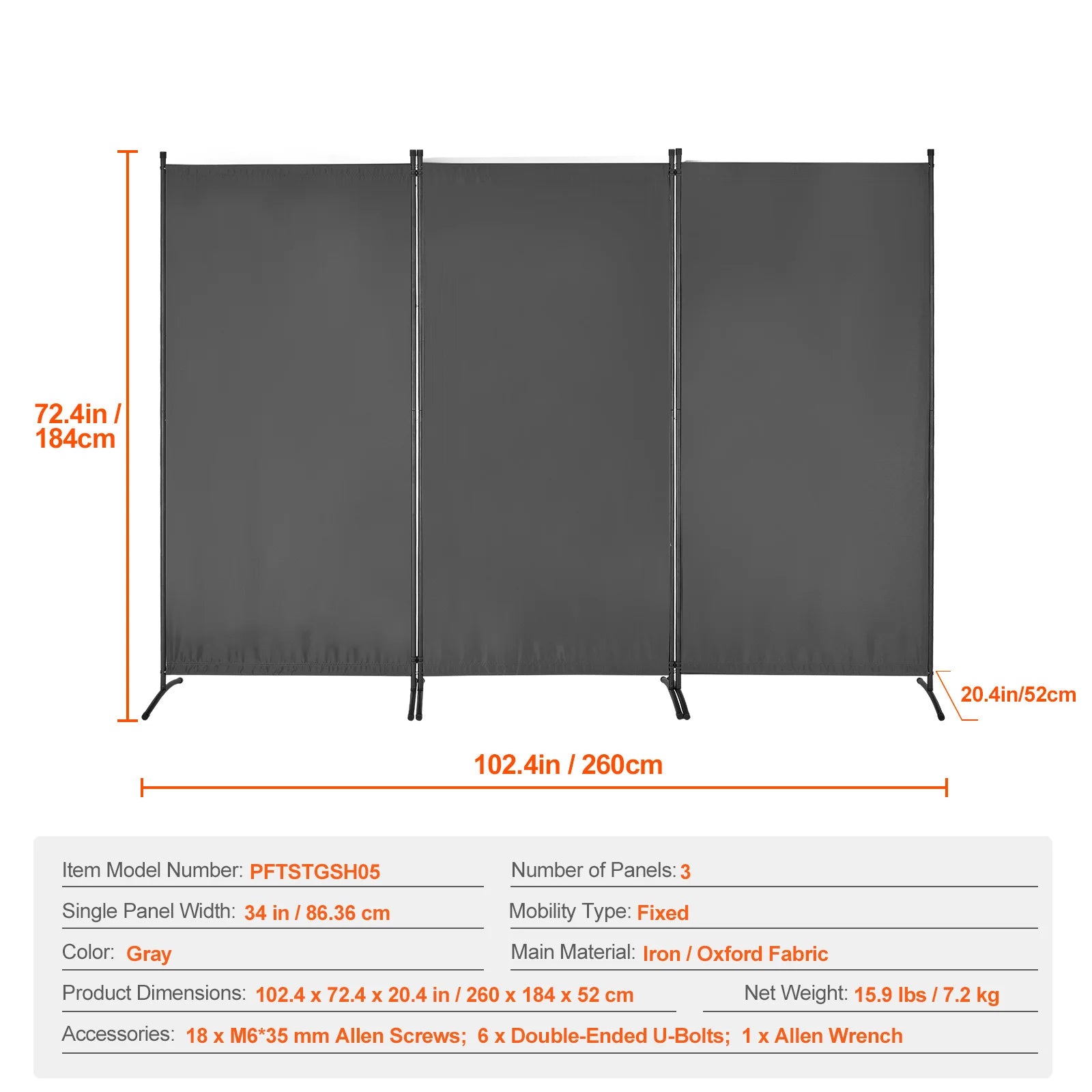 Paravent Pliable Tissu Gris — 3 Panneaux 260×184 cm