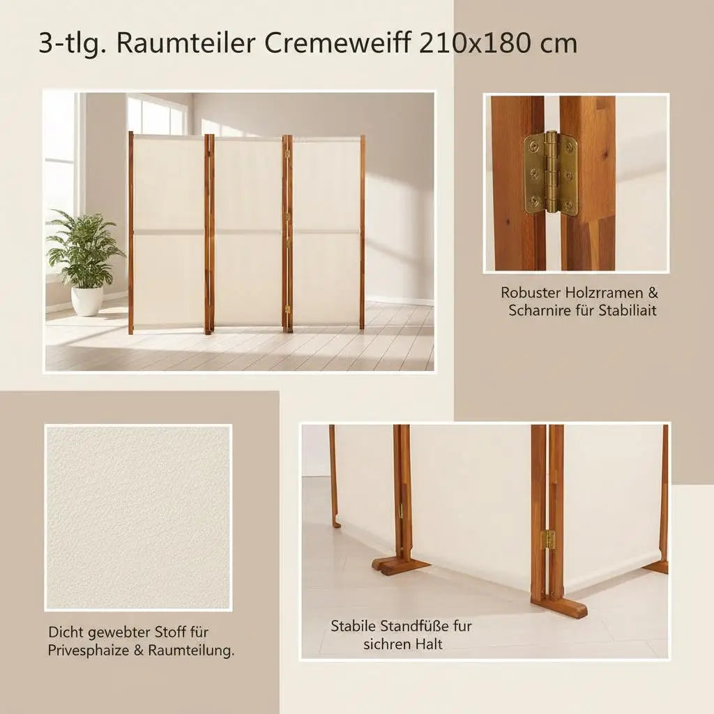Paravent 3 Panneaux Crème & Blanc 210 × 180 cm — Cloison Légère Premium