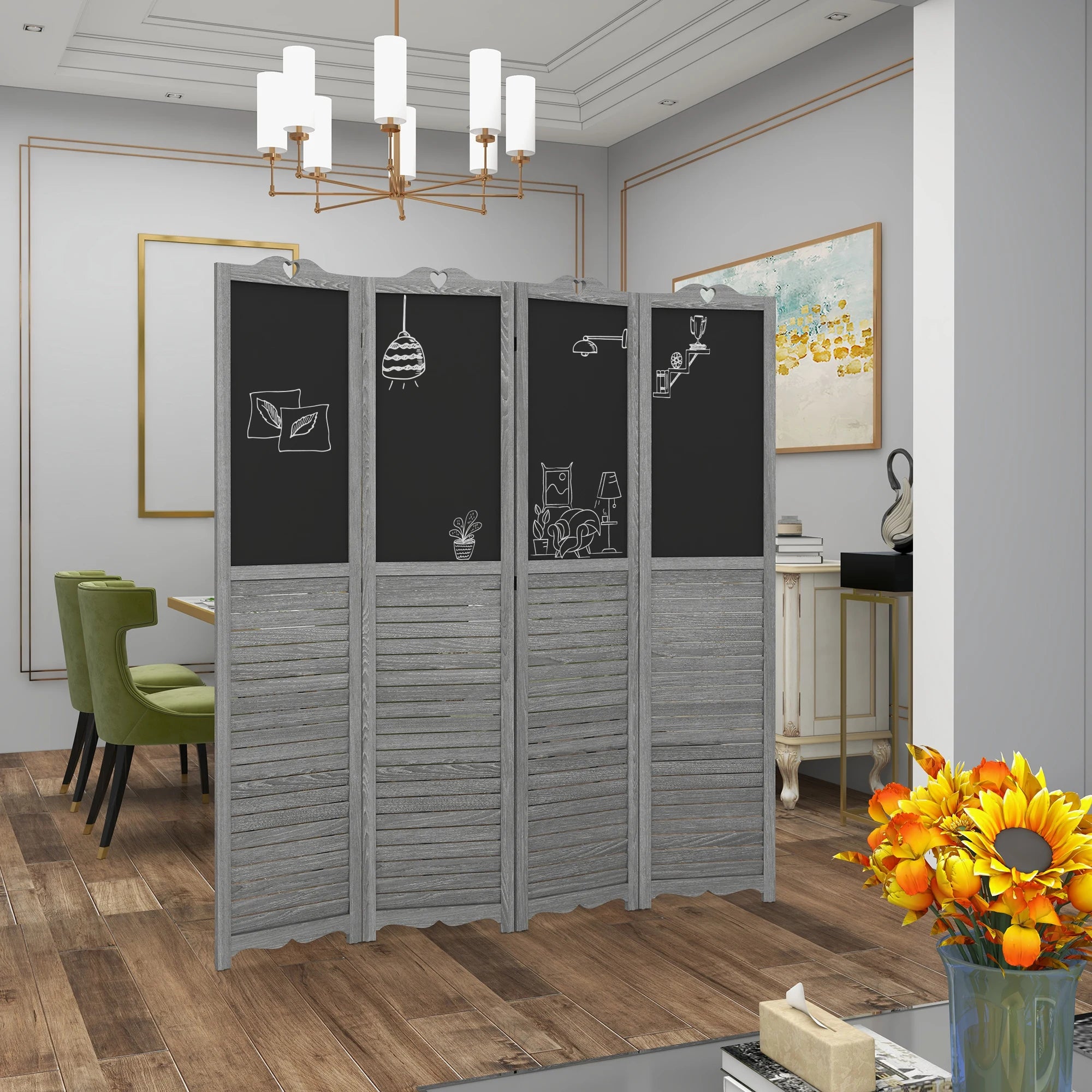 Paravent 4 Panneaux Bois avec Tableaux Noirs Intégrés — Déco & Organisation 162 × 172 cm