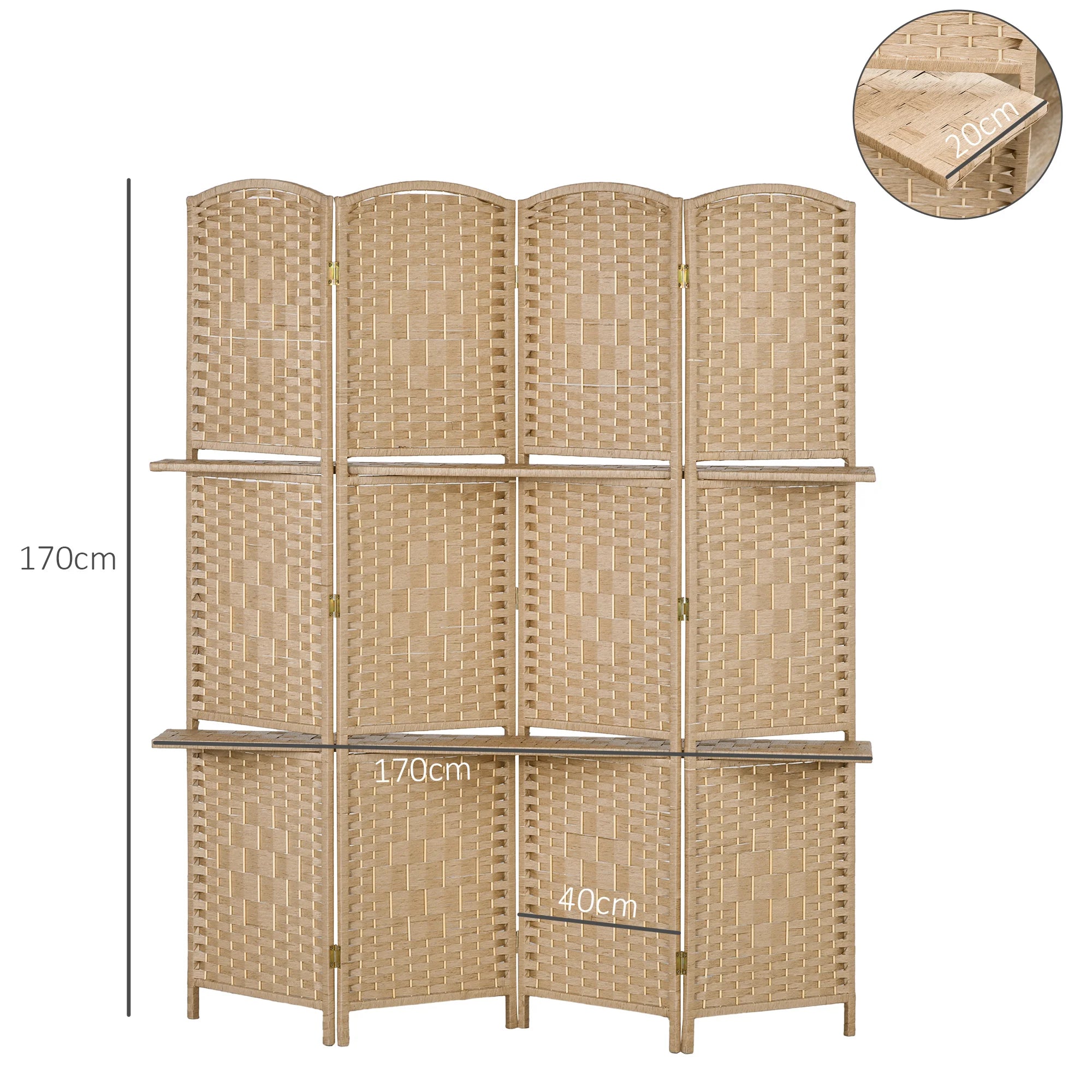 Paravent 4 Panneaux Bois avec 2 Étagères — Rangement & Séparation 160 × 170 cm