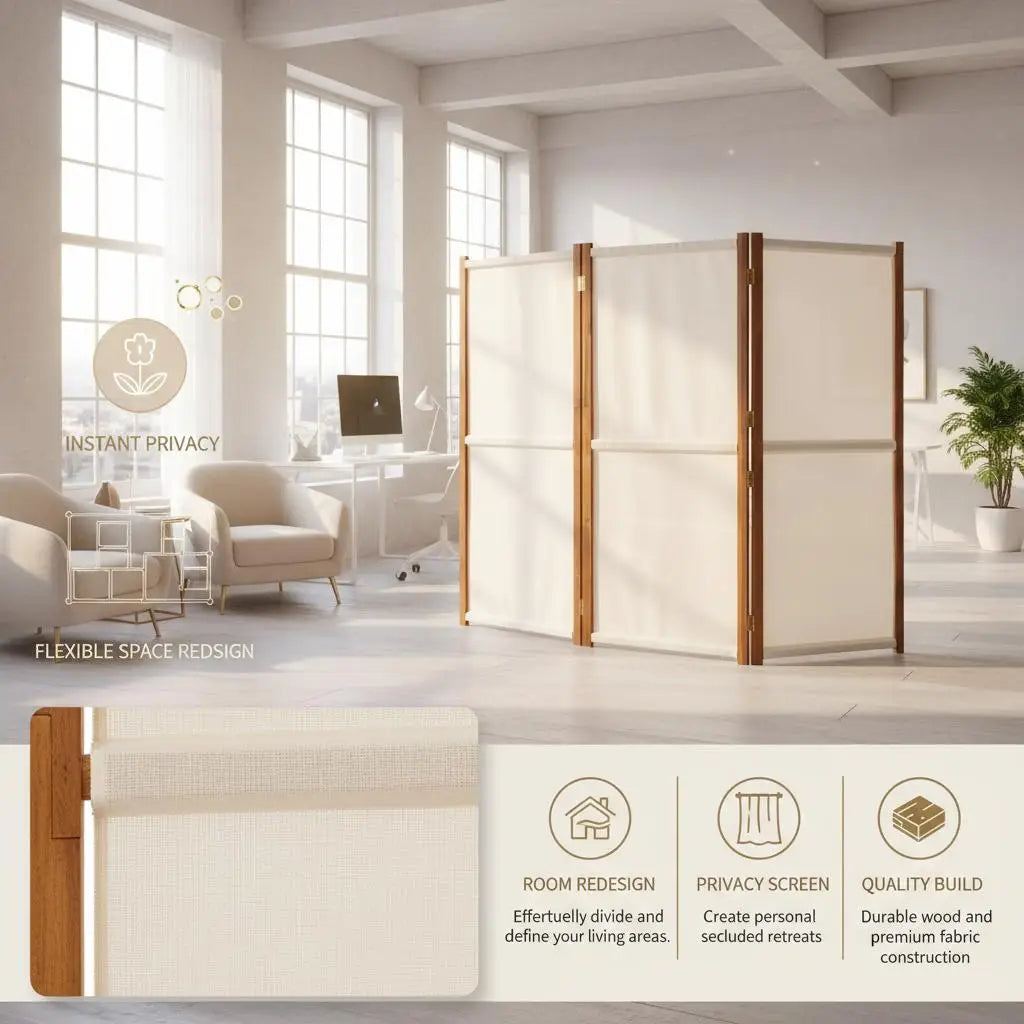 Paravent 3 Panneaux Crème & Blanc 210 × 180 cm — Cloison Légère Premium