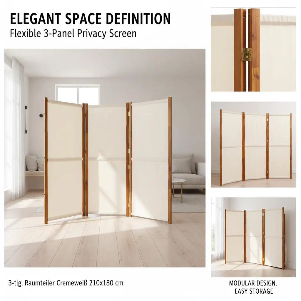 Paravent 3 Panneaux Crème & Blanc 210 × 180 cm — Cloison Légère Premium