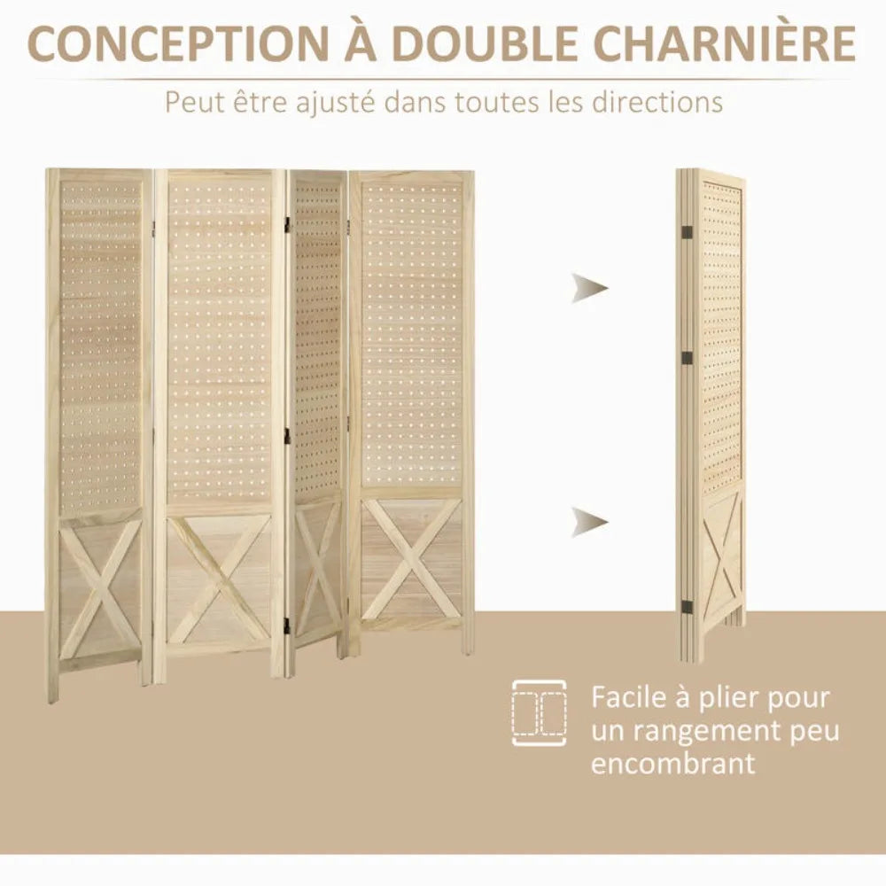 Paravent 4 Panneaux Bois Perforé 152×145 cm