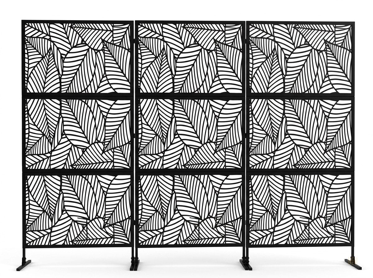 panneau brise vue exterieur noir motif feuillage - fondsblanc