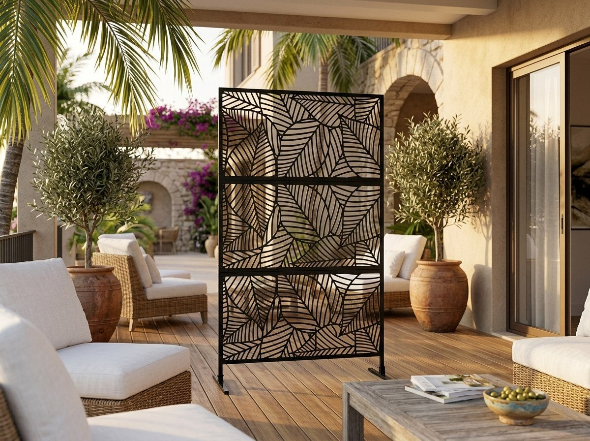 panneau brise vue exterieur noir motif feuillage - lifestyle