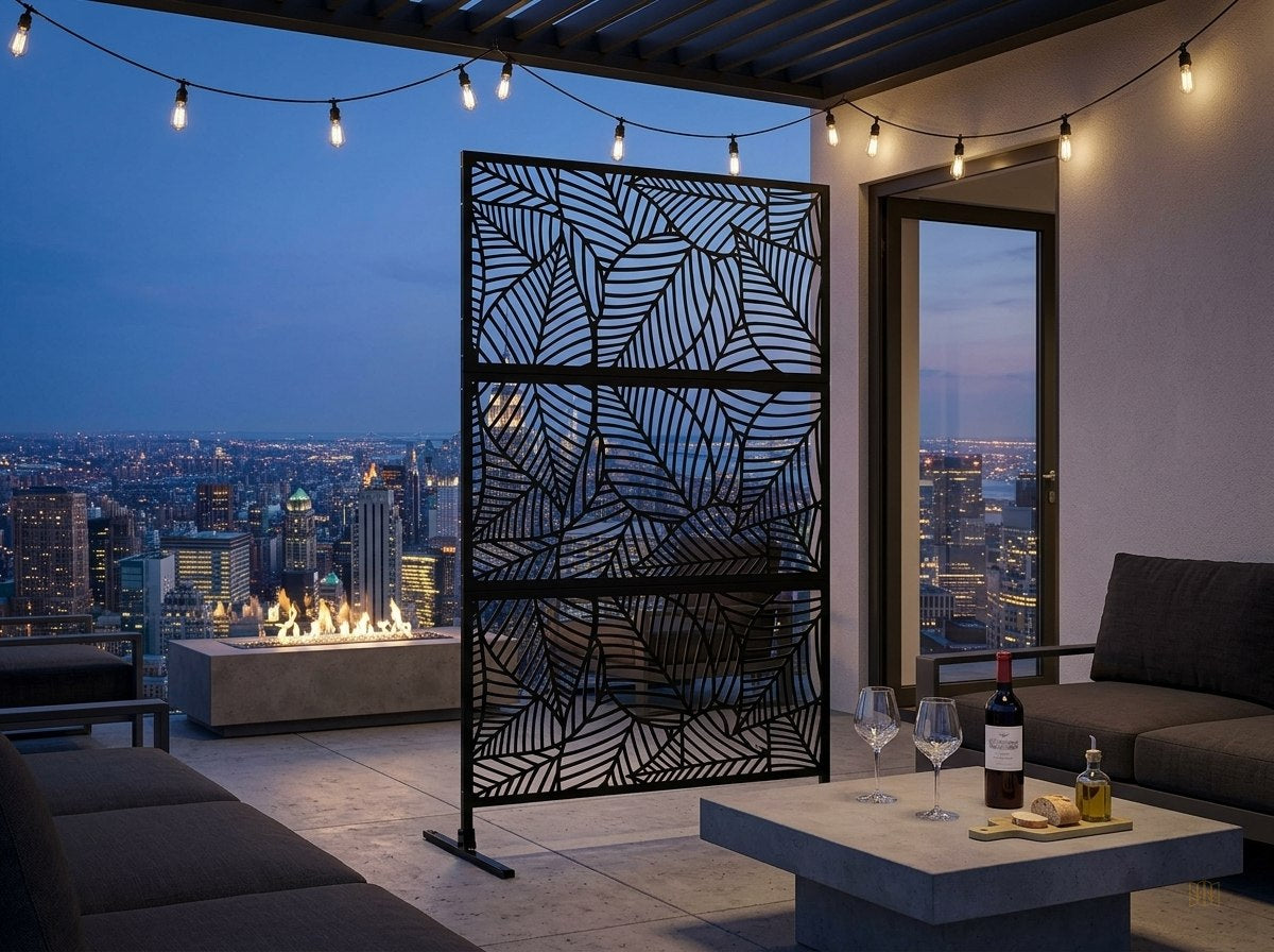 panneau brise vue exterieur noir motif feuillage - lifestyle2
