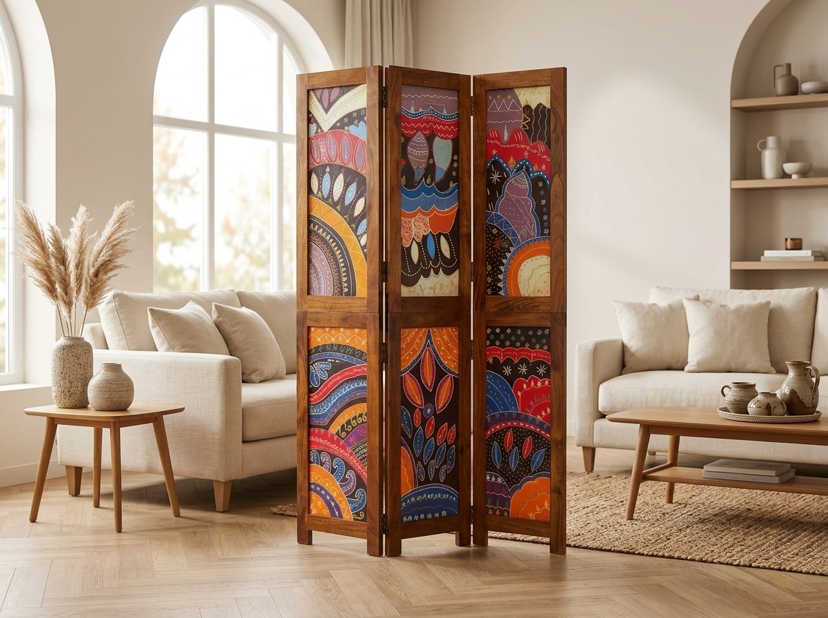 paravent 3 panneaux acacia chocolat 180cm - lifestyle