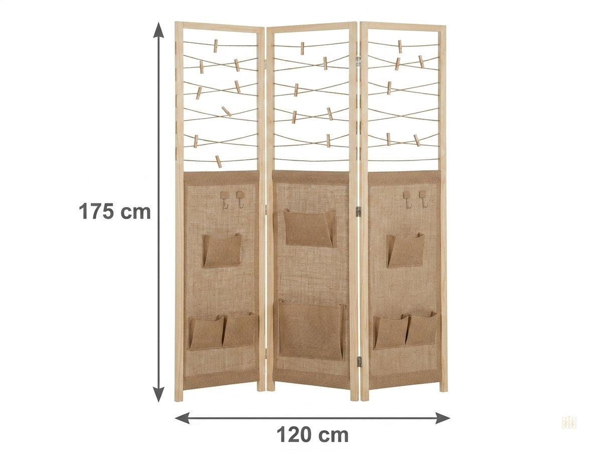 paravent 3 panneaux rustique corde pochettes - dimensions