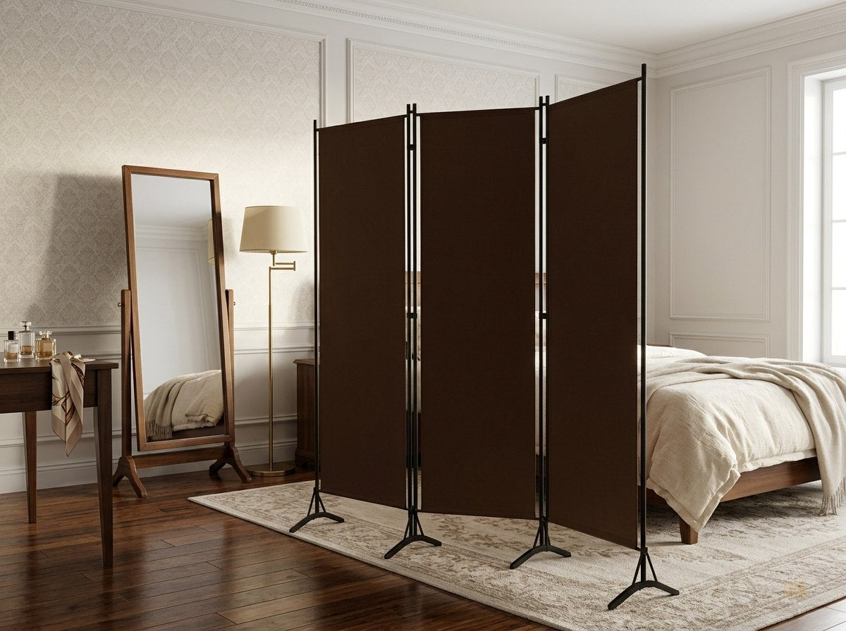 Paravent 3 Panneaux Tissu Brun & Armature Fer — Cloison Bohème 260 × 180 cm