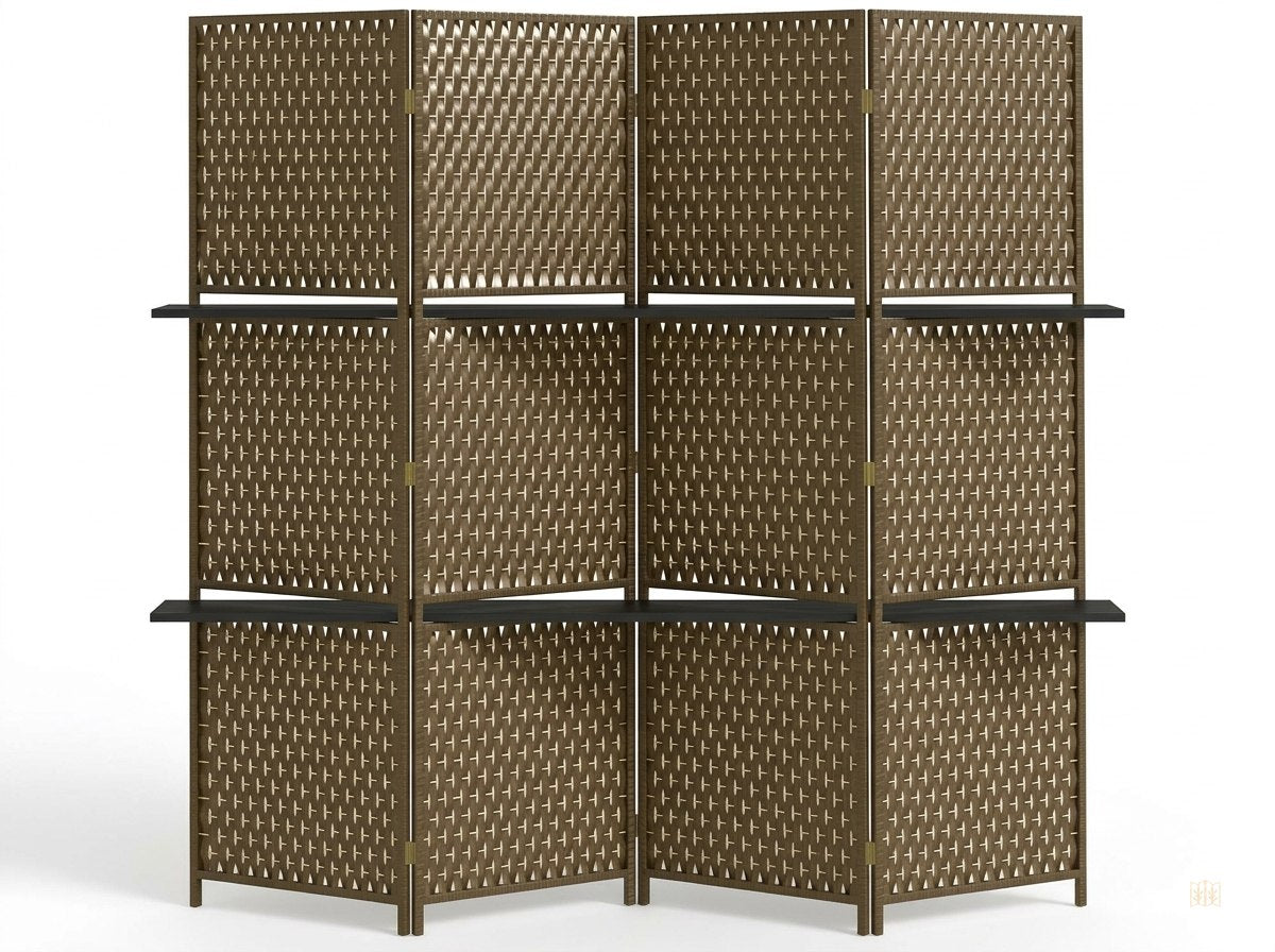 paravent 4 panneaux bambou 2 etageres rangement - fondsblanc