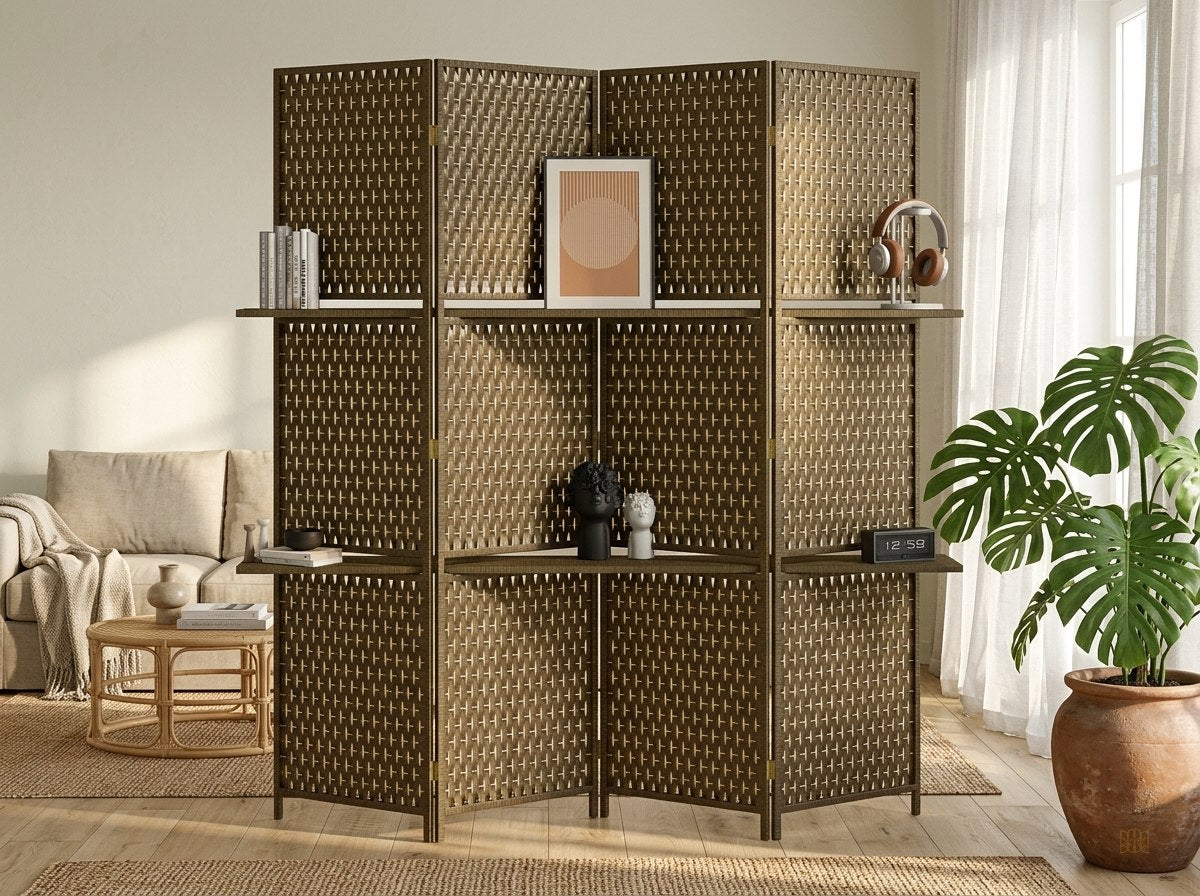 paravent 4 panneaux bambou 2 etageres rangement - lifestyle
