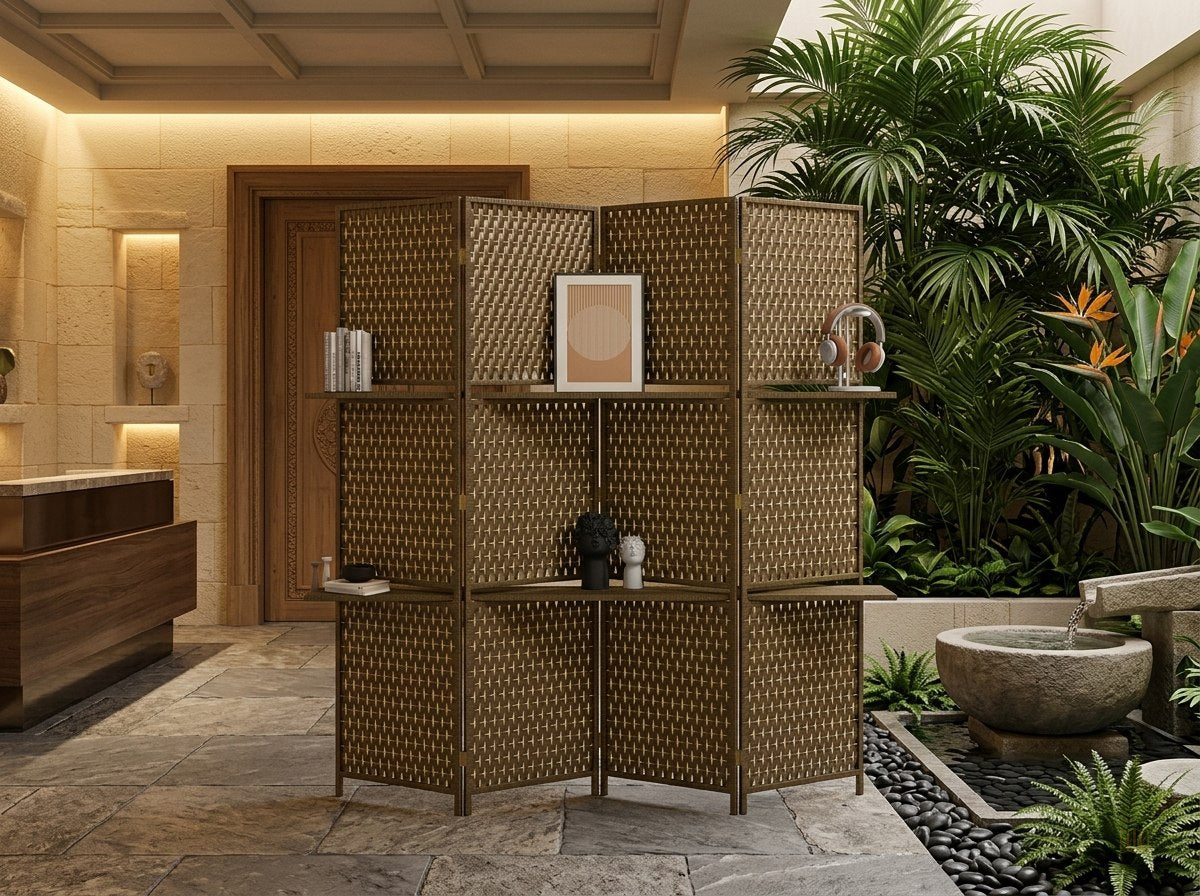 paravent 4 panneaux bambou 2 etageres rangement - lifestyle2