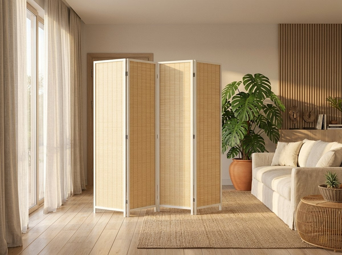 paravent 4 panneaux bambou bois double charnieres - lifestyle