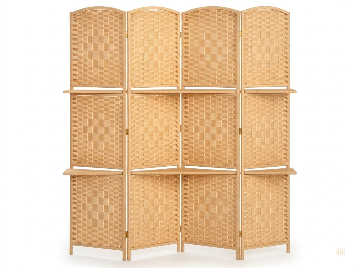Paravent 4 panneaux bois étagères 160x170 - fond blanc