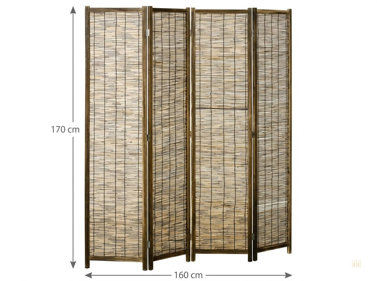 Paravent 4 panneaux bois rotin cloison 160x170 - dimensions