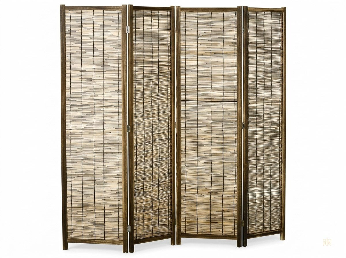 Paravent 4 panneaux bois rotin cloison 160x170 - fond blanc