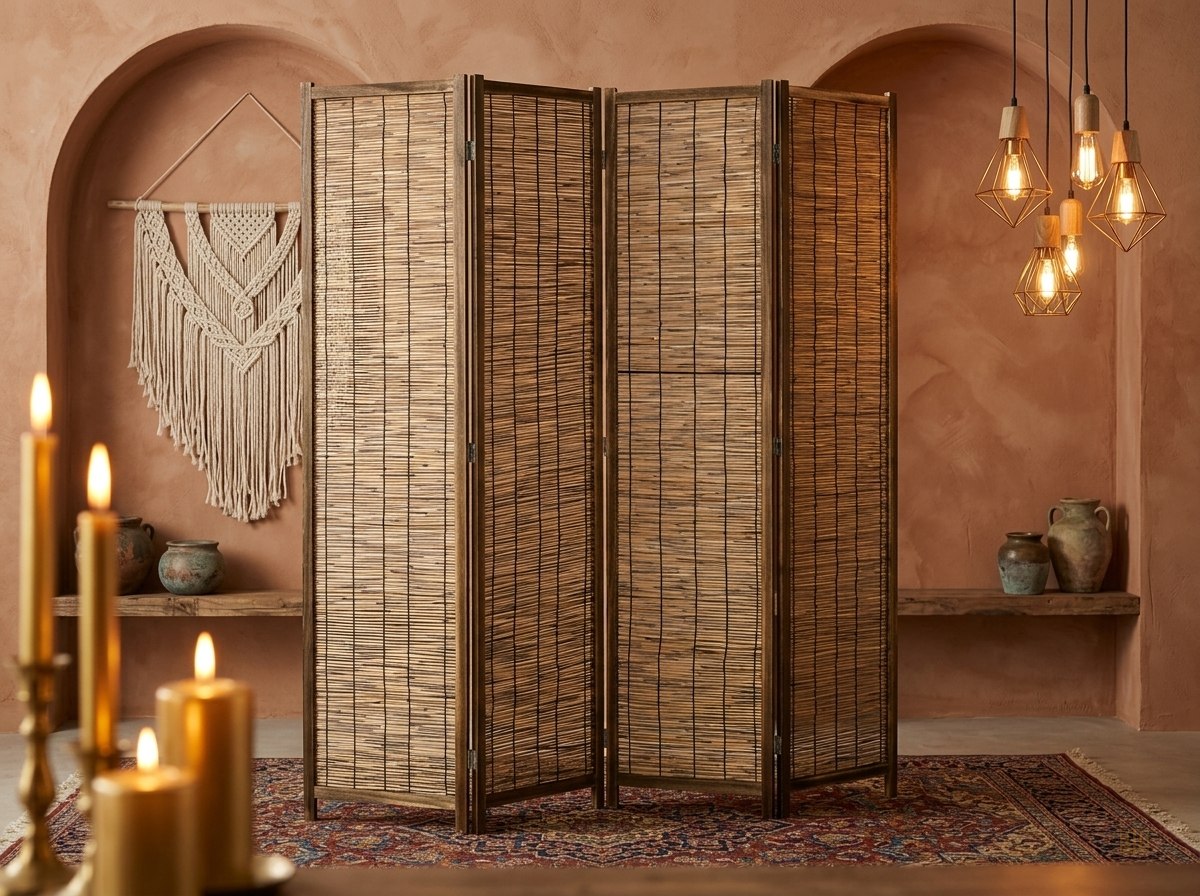 Paravent 4 panneaux bois rotin cloison 160x170 - vue lifestyle
