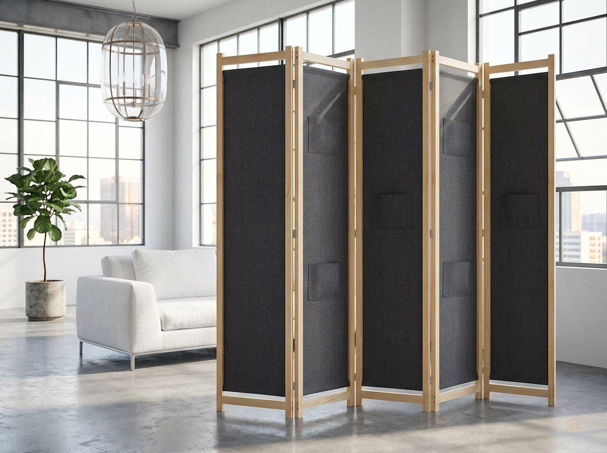 paravent 4 panneaux tissu gris acoustique 240x170 - lifestyle