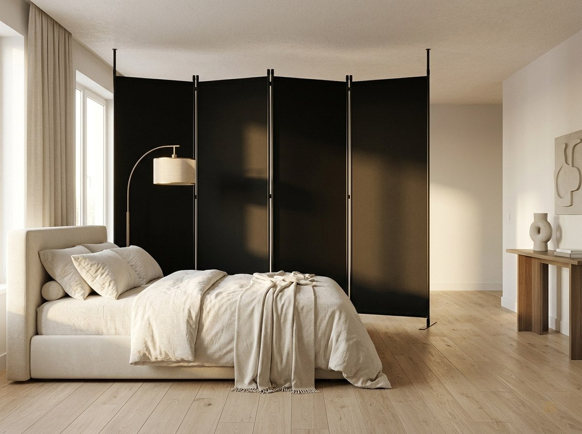 paravent 4 panneaux tissu noir 228x172 - lifestyle2