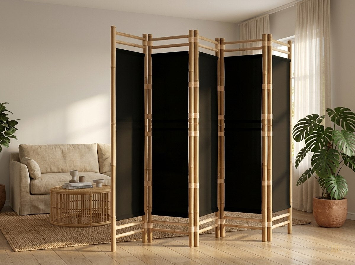 Paravent 5 Panneaux Bambou & Toile — Séparateur Naturel 200 cm