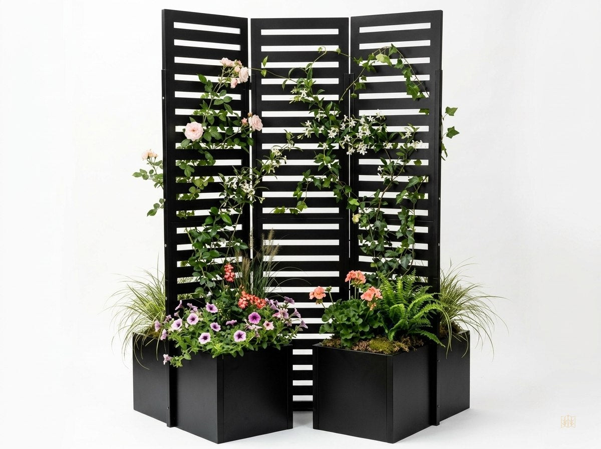 paravent exterieur 3 panneaux metal jardinieres - fondsblanc