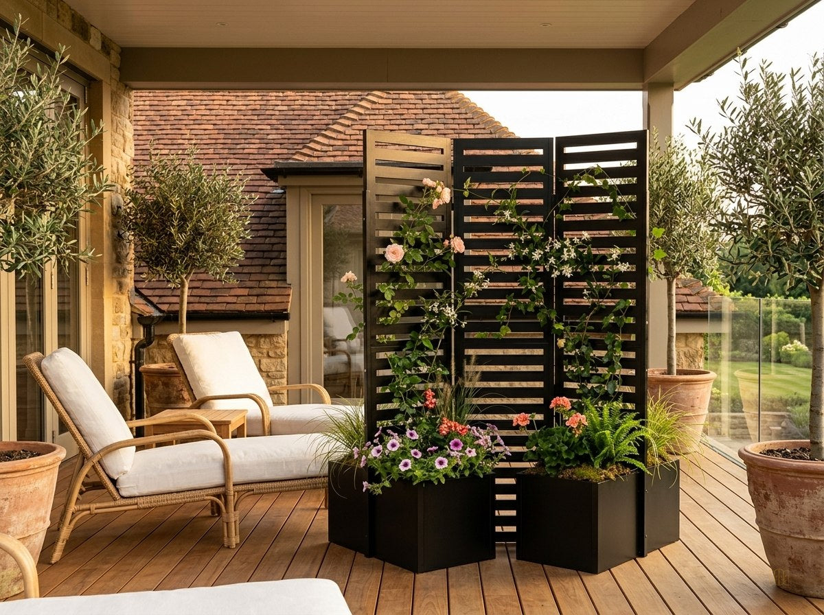 paravent exterieur 3 panneaux metal jardinieres - lifestyle
