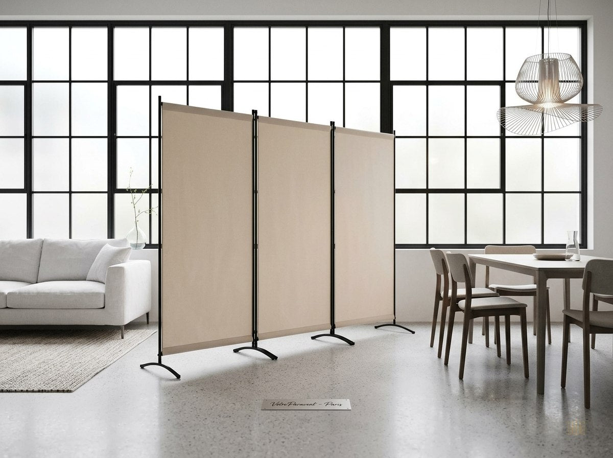 Paravent Pliable Tissu Beige — 3 Panneaux 260×184 cm